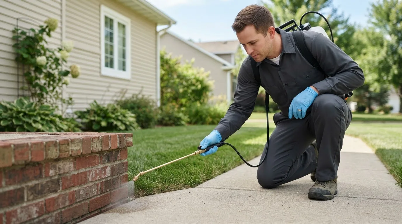 Pest control technician treating a home near Petersburg, TX