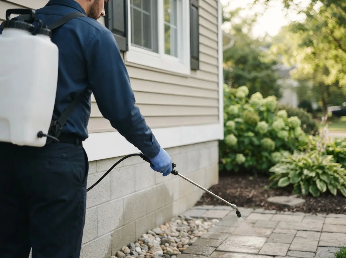Pest control technician inspecting a home in Petersburg, TX
